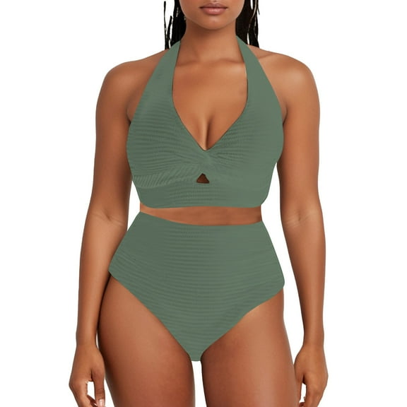 Baqcunre Textured Bikini Sets for Women: Front-Top Design & High-Waisted Bottoms, 1 Pc Swimsuit Army Green S