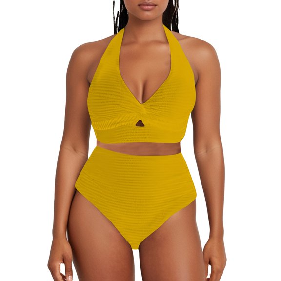 Baqcunre Textured Bikini Sets for Women: Front-Top Design & High-Waisted Bottoms, 1 Pc Swimsuit Yellow M