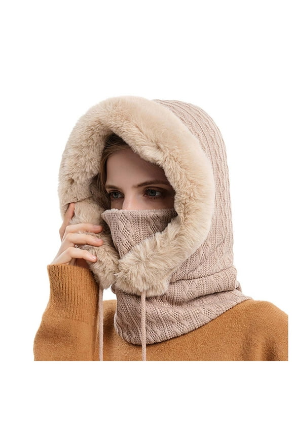 Trapper Hat,Women's Winter Outdoor Riding Headgear Coldproof Ski Hat Warm Bib Mask All-In-One Coldproof Pullover Hat Beige