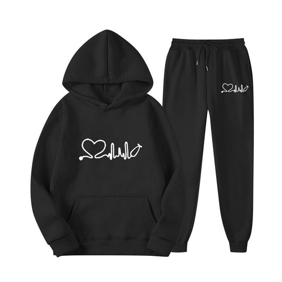 Baqcunre Women's 2 Piece Set Outfits Heart Print Hoodies Pullover + Joggers Pants Sweatsuits with Pockets - Sportswear for Available In Multiple Colors, 1Pc Long Sleeve + 1Pc Trunk Black XL