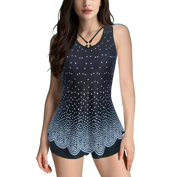 Baqcunre Women's Printed Split Plus Size Swimsuit with Bra Pads, 1 Pc One-Piece Swimwear Black L