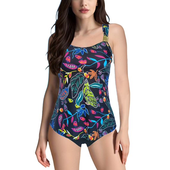 Baqcunre Women's Printed Split Plus Size Swimsuit with Bra Pads, 1 Pc One-Piece Swimwear Black L