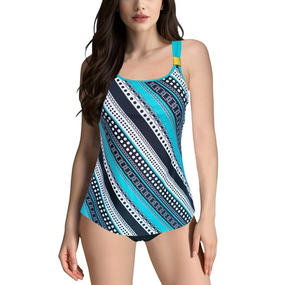 Baqcunre Women's Printed Split Plus Size Swimsuit with Bra Pads, 1 Pc One-Piece Swimwear Blue XL