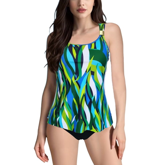Baqcunre Women's Printed Split Plus Size Swimsuit with Bra Pads, 1 Pc One-Piece Swimwear Green 3XL