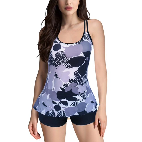 Baqcunre Women's Printed Split Plus Size Swimsuit with Bra Pads, 1 Pc One-Piece Swimwear Navy S