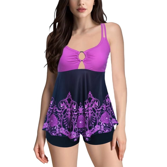 Baqcunre Women's Printed Split Plus Size Swimsuit with Bra Pads, 1 Pc One-Piece Swimwear Purple 2XL
