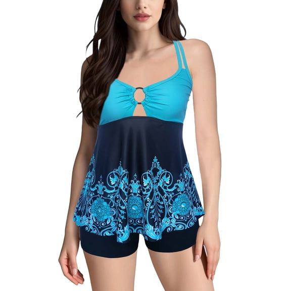 Baqcunre Women's Printed Split Plus Size Swimsuit with Bra Pads, 1 Pc One-Piece Swimwear Sky Blue 2XL