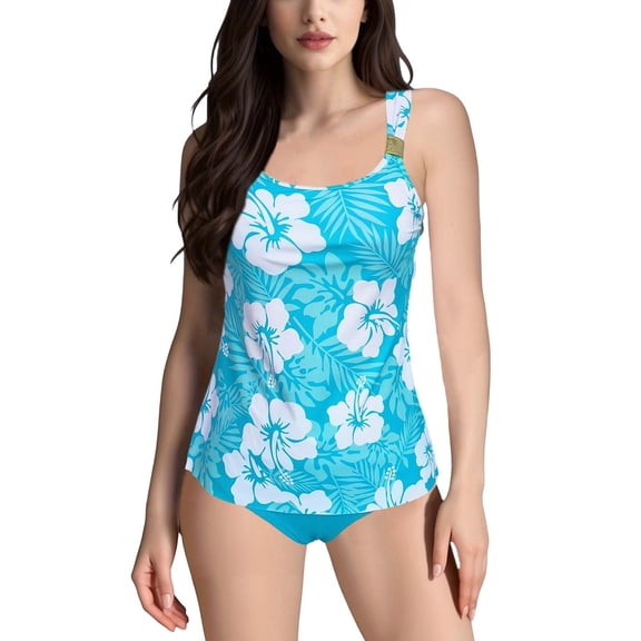 Baqcunre Women's Printed Split Plus Size Swimsuit with Bra Pads, 1 Pc One-Piece Swimwear Sky Blue L
