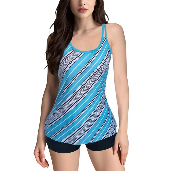 Baqcunre Women's Printed Split Plus Size Swimsuit with Bra Pads, 1 Pc One-Piece Swimwear Sky Blue M