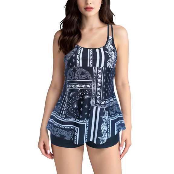 Baqcunre Women's Printed Two Piece Split Plus Size Swimsuit with Bra Pads, 1X Swimsuit Set Navy XL