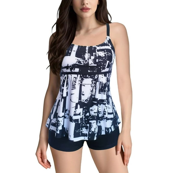 Baqcunre Women's Printed Two Piece Split Plus Size Swimsuit with Chest Pads, 1X Swimsuit Black S