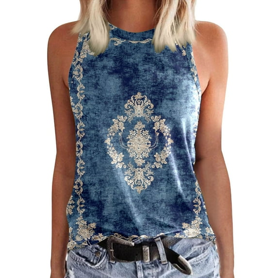 Baqcunre Corset Top Womens Crewneck Sleeveless Print Tank Tops Summer Casual Loose Fit Basic T Shirts Beach Blouse Womens Tops Tank Top For Women Blue L