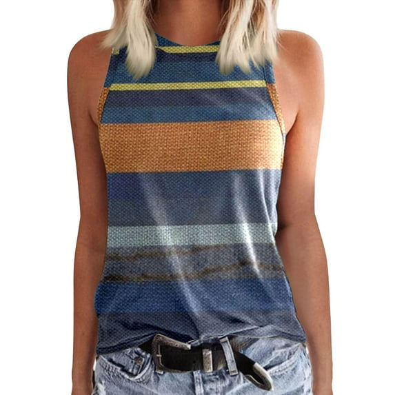 Baqcunre Corset Top Womens Crewneck Sleeveless Print Tank Tops Summer Casual Loose Fit Basic T Shirts Beach Blouse Womens Tops Tank Top For Women Dark blue M