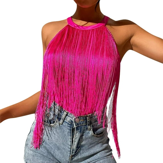 Baqcunre Corset Tops For Women Women'S Tassel Trim Sleeveless Neck Bodysuit Top Tank Top For Women Womens Blouses Hot Pink S