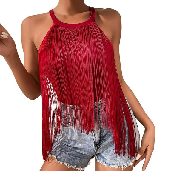 Baqcunre Corset Tops For Women Women'S Tassel Trim Sleeveless Neck Bodysuit Top Tank Top For Women Womens Blouses Red 1 XL