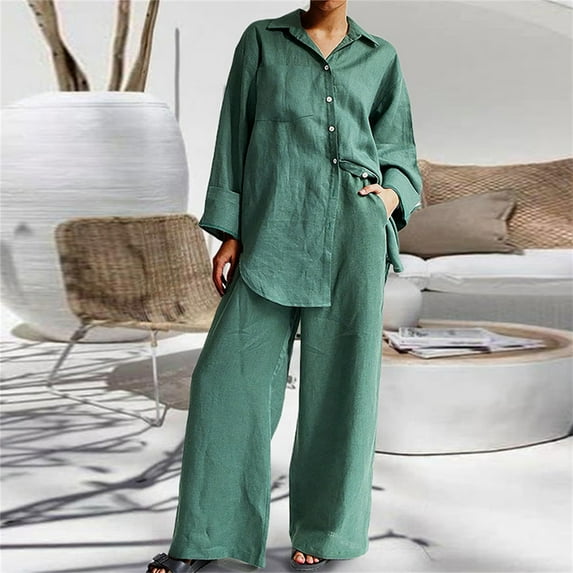 Baqcunre Cotton Linen Outfits Dressy Business Work Suits Streetwear Button Down Tops and Pants Suit,Size S,Two Piece Sets for Women,Outfits for Women,Lounge Sets for Women,Womens Pajama Sets,,Green