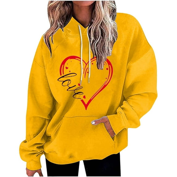 Baqcunre Crewneck Sweatshirts 2024 Sweatshirt Cute Heart Shaped Printed Pullover Crewneck Long Sleeved Shirt /Autumn(Yellow S-4XL),Womens Sweatshirt Womens Tops Valentine'S Day Shirts For Women