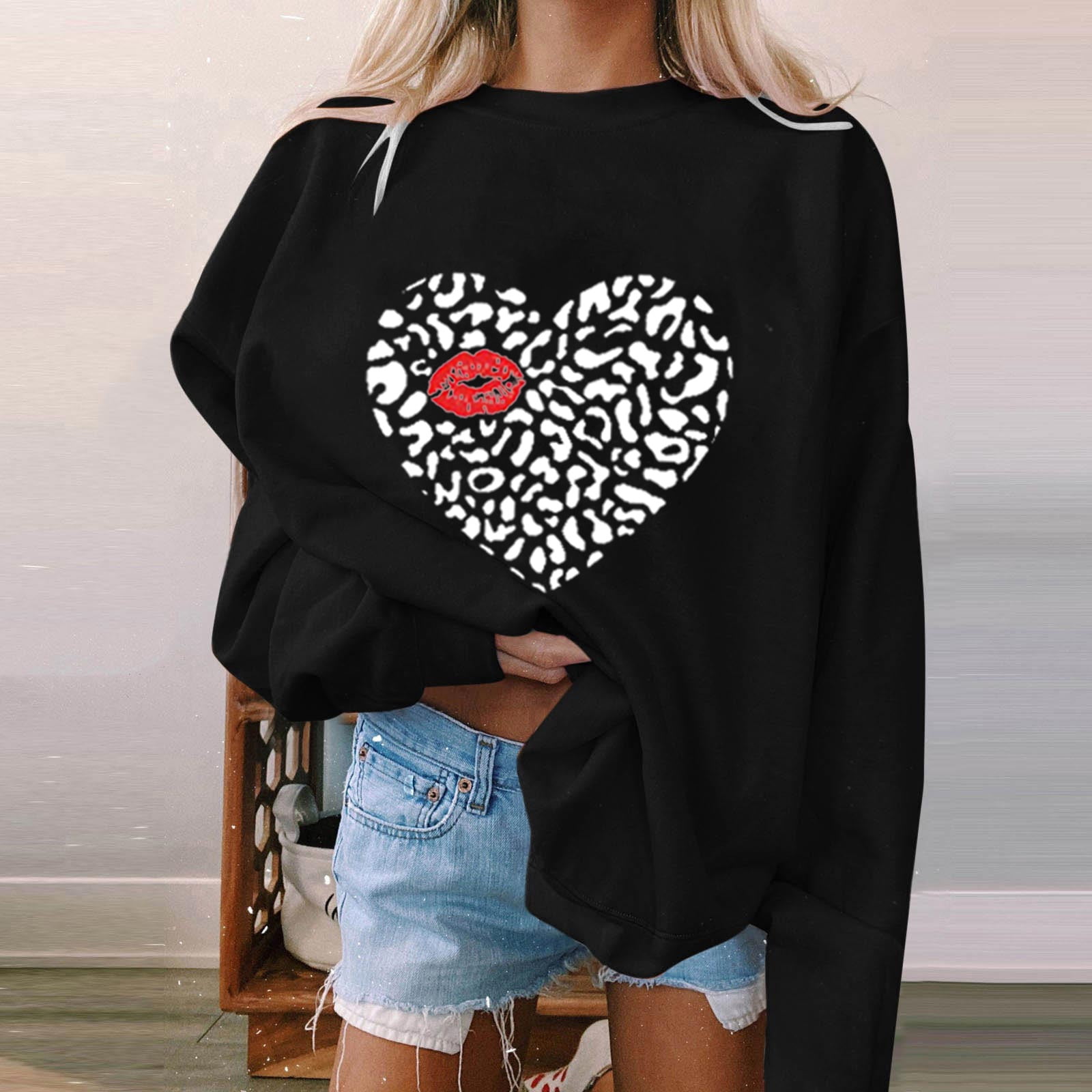Baqcunre Crewneck Sweatshirts Casual Hoodless Sweatshirt Love Print ...