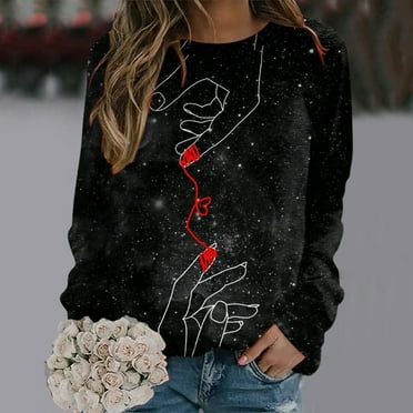 Baqcunre Crewneck Sweatshirts Daily Print Round Neck Fit Pullover Tops Long Sleeve Workout Shirts Loose Blouse(Black S-XXL),Womens Sweatshirt Womens Tops Valentine'S Day Shirts For Women
