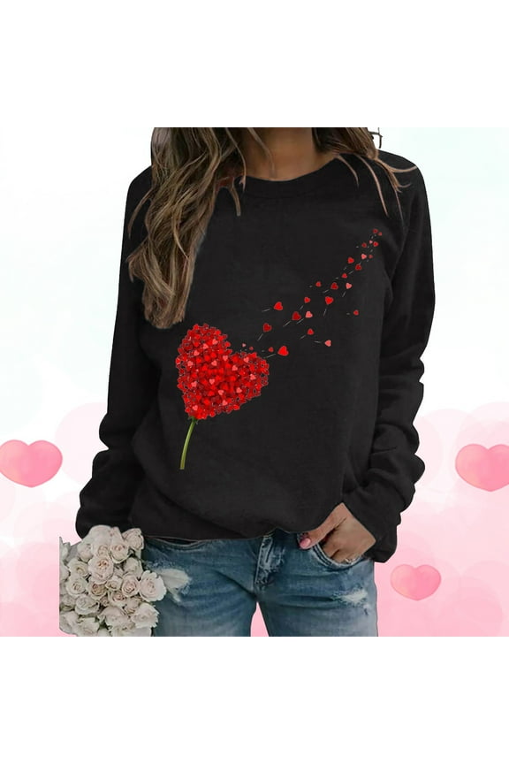 Crewneck Sweatshirts Print Round Neck Pullover Tops Long Sleeve Workout Shirts Loose Blouse Valentine Day(Black S-XXL),Womens Sweatshirt Womens Tops Valentine'S Day Shirts For Women