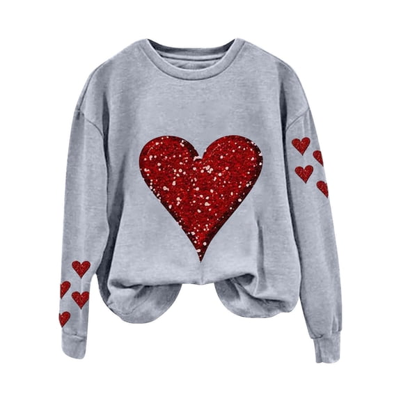 Baqcunre Crewneck Sweatshirts Solid Color Crew Neck Loose Long Sleeved Valentine's Day Print Hoodie(Grey S-XXL),Womens Sweatshirt Womens Tops Valentine'S Day Shirts For Women