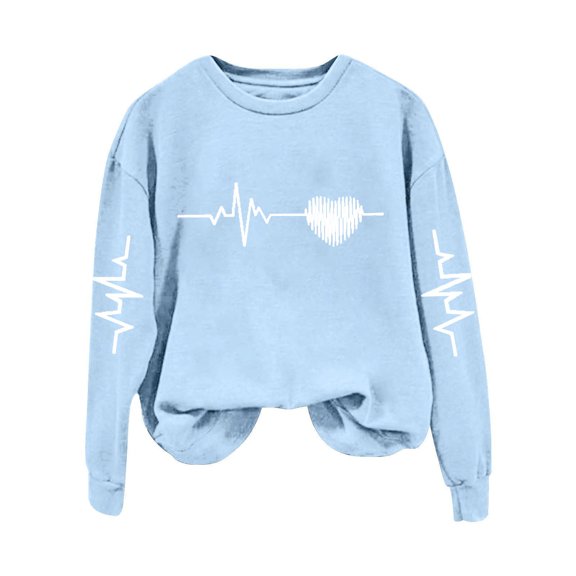 Baqcunre Crewneck Sweatshirts Solid Color Crew Neck Loose Long Sleeved Valentine's Day Print Hoodie(Light blue S-XXL),Womens Sweatshirt Womens Tops Valentine'S Day Shirts For Women