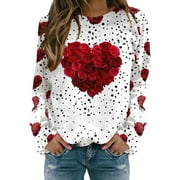 BAQCUNRE Crewneck Sweatshirts Solid Color Crew Neck Loose Long Sleeved Valentine's Day Print Hoodie (Red S-XL), Womens Sweatshirt Womens Tops Valentine's Day Shirts for Women
