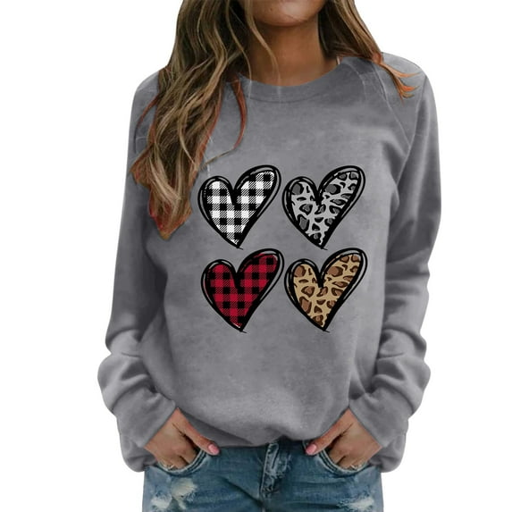 Baqcunre Crewneck Sweatshirts Valentine's Day Women's Sweatshirt Crew Neck Four Heart Print Long Sleeve Casual Sweat Tops (Grey S-2XL), Womens Sweatshirt Womens Tops Valentine's Day Shirts for Women