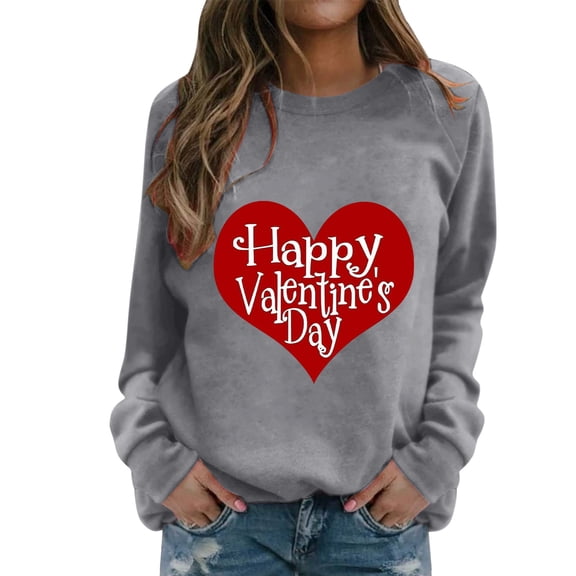 Baqcunre Crewneck Sweatshirts Women's Sweatshirt Crew Neck Heart Letter Print Long Sleeve Casual Sweat Tops(Grey S-XXL),Womens Sweatshirt Womens Tops Valentine'S Day Shirts For Women