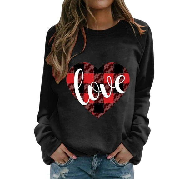 Baqcunre Crewneck Sweatshirts Women's Sweatshirt Crew Neck Plaid Heart Print Long Sleeve Casual Sweat Tops(Black S-XXL),Womens Sweatshirt Womens Tops Valentine'S Day Shirts For Women