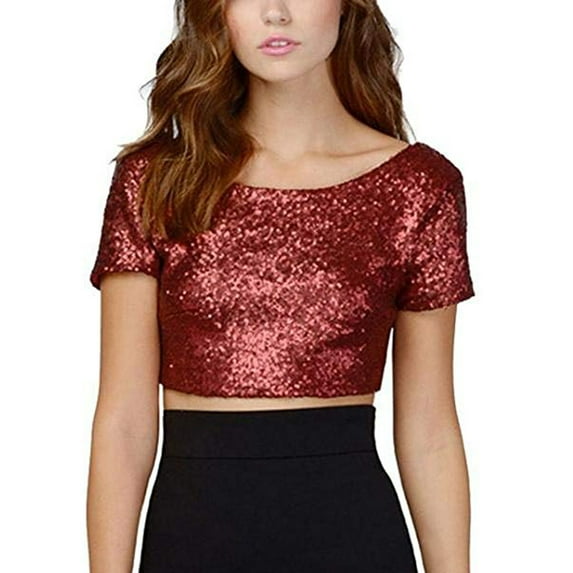 Baqcunre Crop Tops Fashion Women Sexy O-Neck Solid Sequins Short Sleeve Short Navel Top Blouse Tee Womens Blouses Shirts For Women Red L