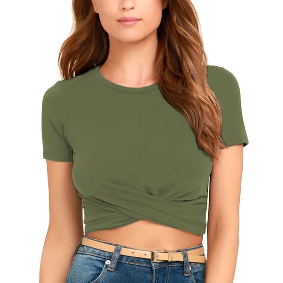 Baqcunre Crop Tops Women'S Short Sleeve O Neck Crop Tops Summer Casual Loose Blouse T-Shirt Womens Blouses Womens Shirts Green L