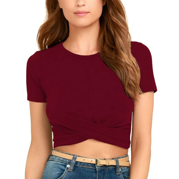 Baqcunre Crop Tops Women'S Short Sleeve O Neck Crop Tops Summer Casual Loose Blouse T-Shirt Womens Blouses Womens Shirts Red XL