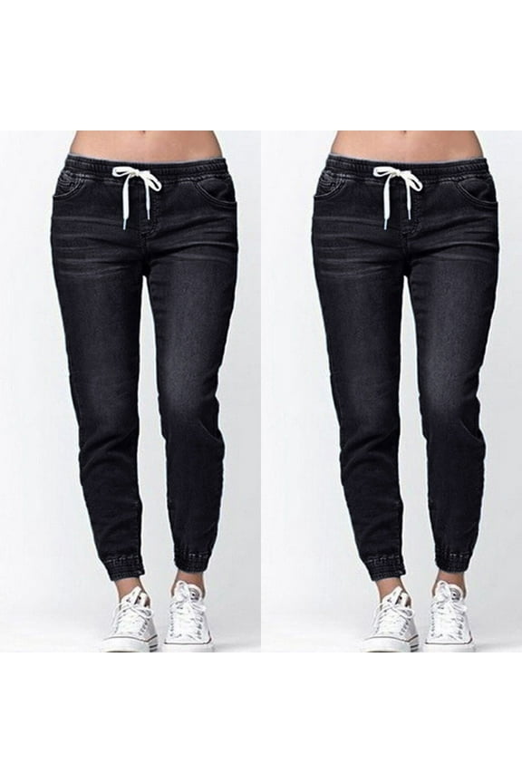 Elastic Plus Loose Denim Drawstring Cropped Casual Plus Women Autumn Jeans Women's Jeans,Size S-5XL,Skinny Jeans for Women,Womens Jeans,Joggers for Women,Women's Pants,Womens Clothes,Black