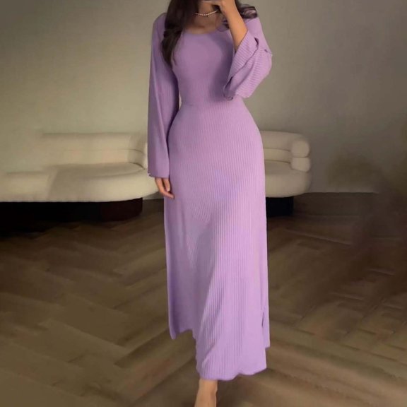 Baqcunre Elegant Bodycon Dress Crew Neck Long Dress Elegant Long Sleeve Ribbed Bodycon Maxi Dresses Long Dress Women'S Casual Dresses Fall Dresses For Women,Womens Dresses,Color Purple,Size L