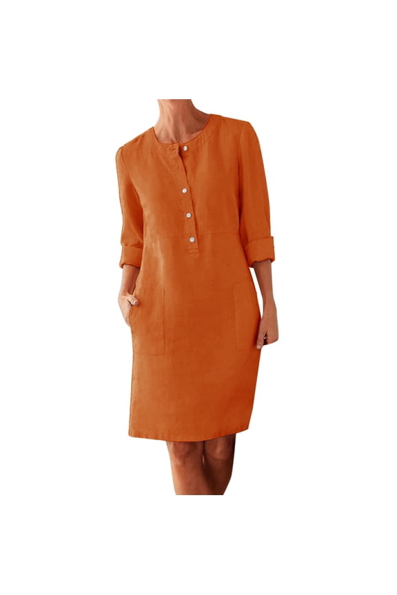 Fall Dresses For Women 2023 Women Cotton And Linen Button Shirt Dress Crewneck Long Sleeve Loose Dresses With Two Pockets Dress Long Sleeve Dress For Women A Dress L