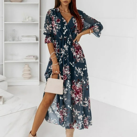 Baqcunre Fall Dresses For Women 2023 Women'S Summer Floral Printed Dress Casual V Neck Boho Flowy Sun Dresses Long Sleeve Dress Long Sleeve Dress For Women Womens Dresses Green Dress L