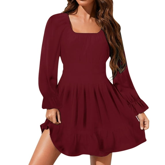 Baqcunre Fall Dresses Women'S Long Sleeve Square Neck Frilled Backless Slim Mid Length Chiffon Dress Midi Dresses For Women Long Sleeve Dress For Women Red Dress XL