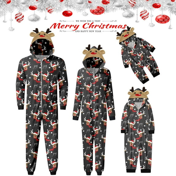 Baqcunre Family Christmas Pajamas Matching Sets,Children Kids Merry Christmas Sets Dark Grey Prints Hooded Zipper Jumpsuit Outfit Lounge Set,Kids Christmas Pajamas Christmas Pajamas Dark Gray 6T