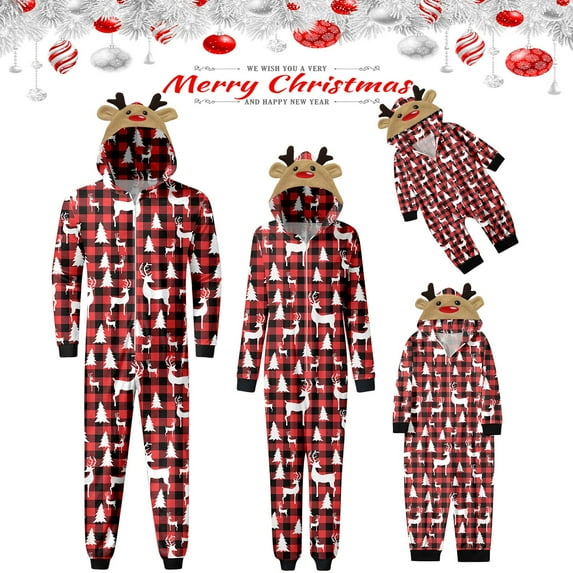 Baqcunre Family Christmas Pajamas Matching Sets,Women Mom Merry Christmas Sets Red Prints Hooded Zipper Jumpsuit Family Outfit Lounge Set,Pajamas For Women Christmas Pajamas Red L