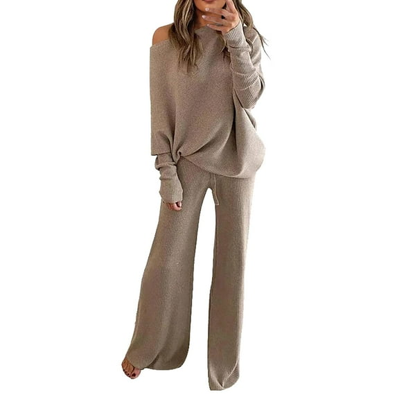 Baqcunre Fashion Casual Suit Loose Long Sleeved Wide Leg Pants Two Piece Set,Size M,Two Piece Sets for Women,Outfits for Women,Fall Outfits Women Trendy,Wide Leg Pants Woman,Women Clothing,Coffee
