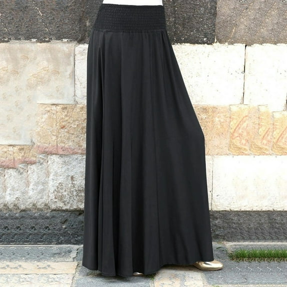 Baqcunre Fashion Elastic Waist Solid Pleated Skirt Vintage A-line Loose Long Skirts A Line Skirt Pleated Skirt Long Skirt Women Clothing Skirts For Women,Color Black,Size S