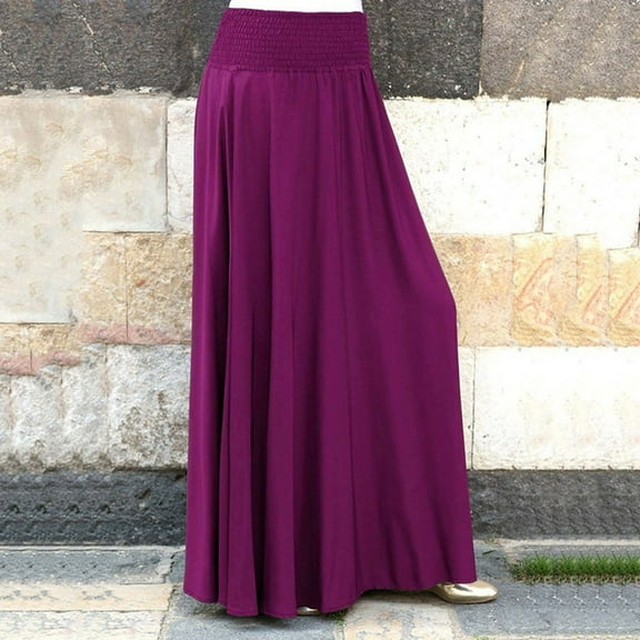 Baqcunre Fashion Elastic Waist Solid Pleated Skirt Vintage A-line Loose Long Skirts A Line Skirt Pleated Skirt Long Skirt Women Clothing Skirts For Women,Color Purple,Size S