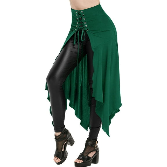Baqcunre Fashion Solid Gothic Punk Asymmetric Lace Up Slit Front Skirt A Line Skirt Women'S Skirts Skirts For Fall 2023 Long Skirt Women Clothing Skirts For Women,Color Green,Size L