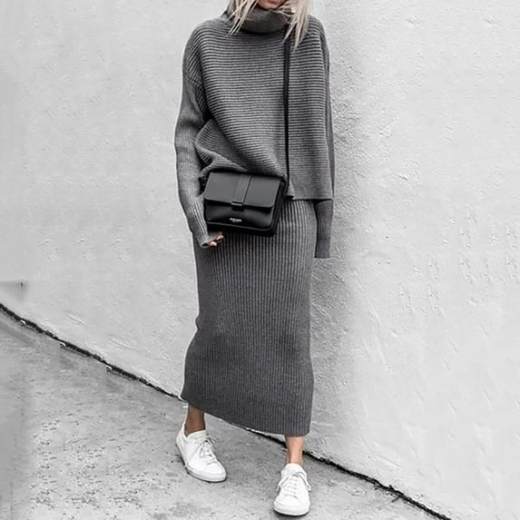 Baqcunre Fashion Winter 2 Piece Ribbed Knitted Wool Sweater Turtleneck Set Female Elegant Casual Dresses Maxi Dress Women'S Cocktail Dresses Party Dress For Women,Womens Dresses,Color Grey,2XL