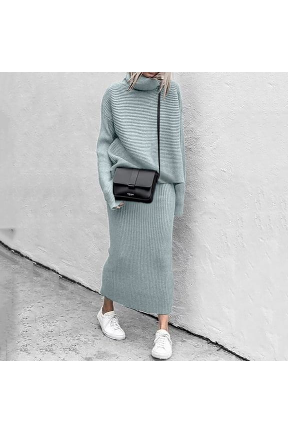 Fashion Winter 2 Piece Ribbed Knitted Wool Sweater Turtleneck Set Female Elegant Casual Dresses Maxi Dress Women'S Cocktail Dresses Party Dress For Women,Womens Dresses,Color Blue,L