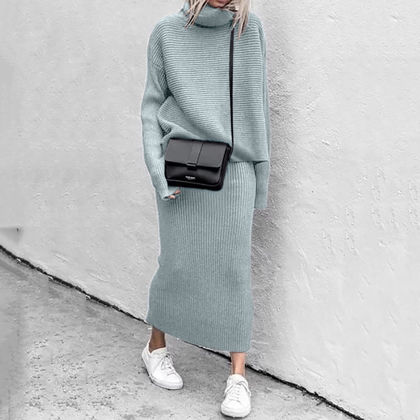 Baqcunre Fashion Winter 2 Piece Ribbed Knitted Wool Sweater Turtleneck Set  Female Elegant Casual Dresses Maxi Dress Women'S Cocktail Dresses Party  Dress For Women