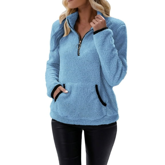 Baqcunre Fleece Women Zip Up, Women's Winter Solid Color Pullover Half Zip Wool Loose Sweatshirt with Pocket 1 Pc Top Blue L