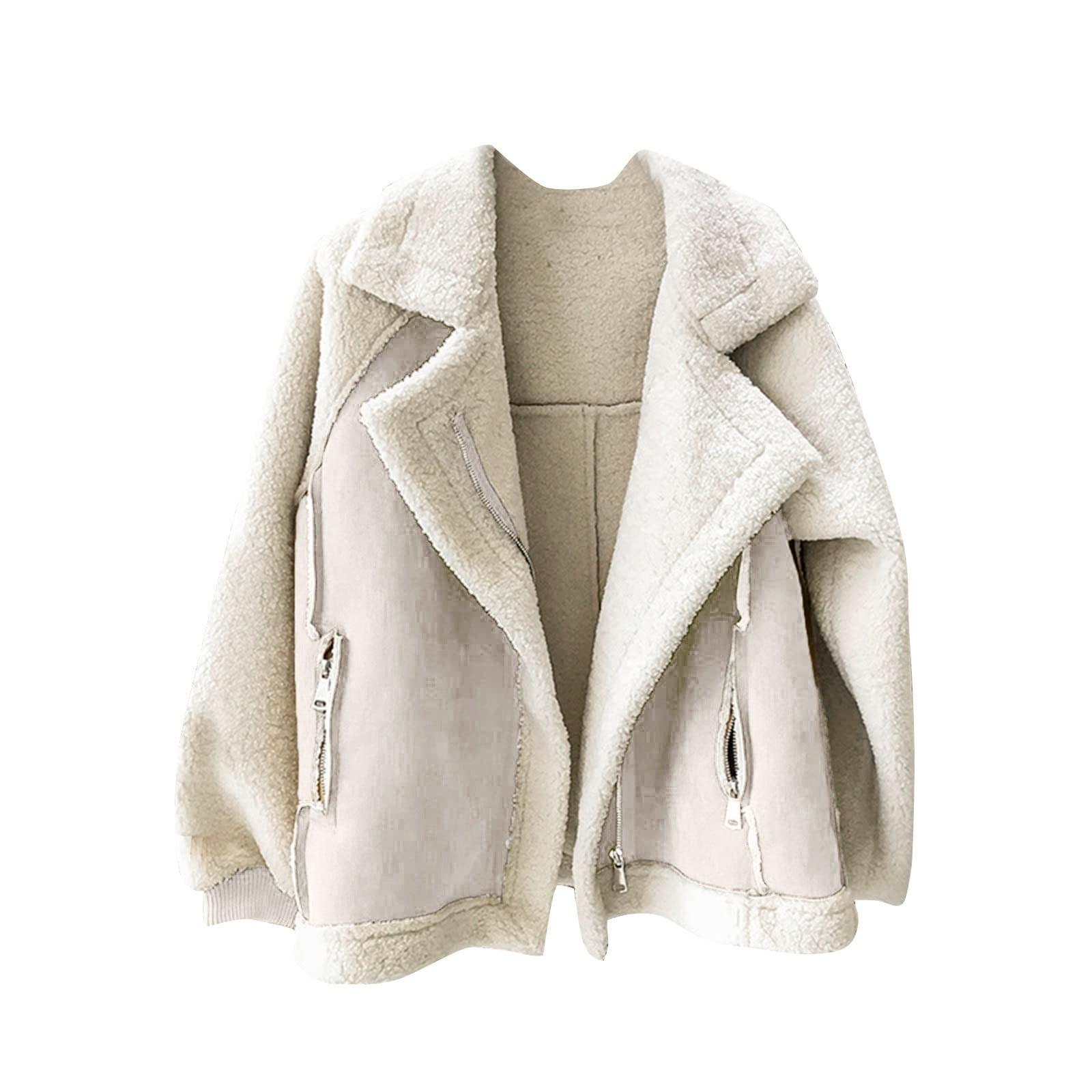 Women's Oversized Winter Coat - Fleece Lambswool Biker Jacket, Sherpa Lined, Warm & Casual