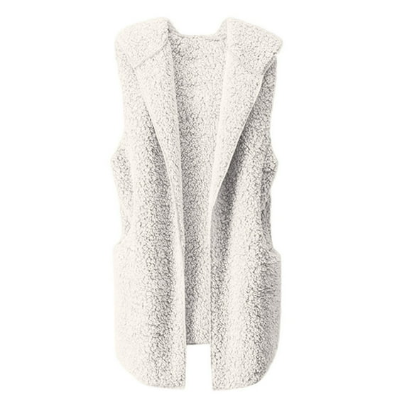 Baqcunre Fuzzy Coat, Women's Hooded Plush Sleeveless Vest Coat Top 1Pc Top Beige L
